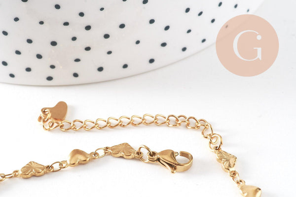 Bracelet acier doré 14k cœur 21cm, x1 (G5346)