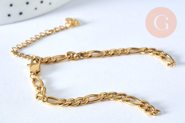 Bracelet ajustable maille figaro or acier 14k 16.1cm, x1 (G5965)