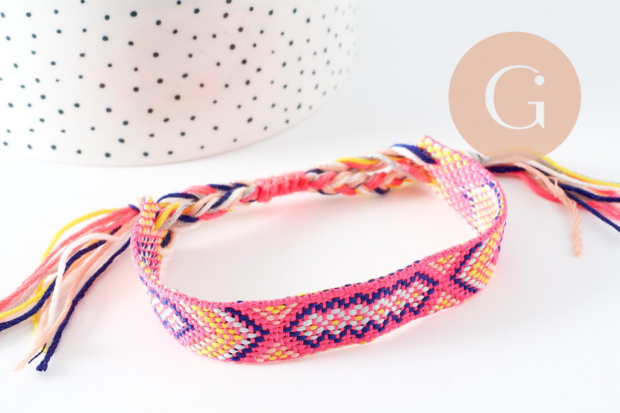 Bracelet brésilien tissé réglable rose jaune 15mm, x1 (G9560)