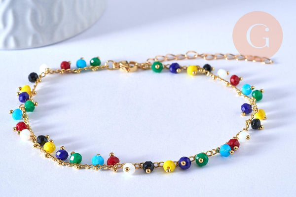 Bracelet chaine cheville laiton et perles multicolores verre 25.4cm, x1 (G4090)