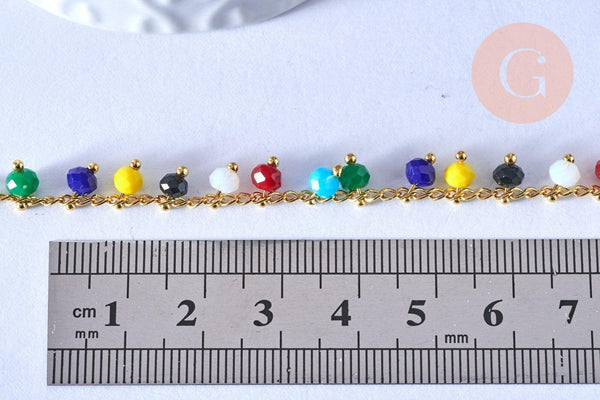 Bracelet chaine cheville laiton et perles multicolores verre 25.4cm, x1 (G4090)