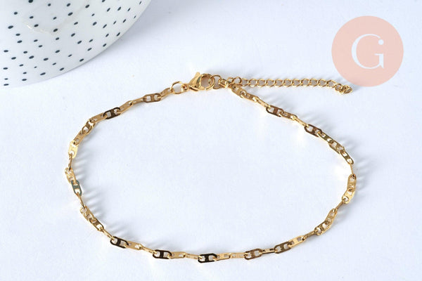 Bracelet chaine cheville torsadé acier inoxydable 304 doré 23.7cm, x1 (G4858)