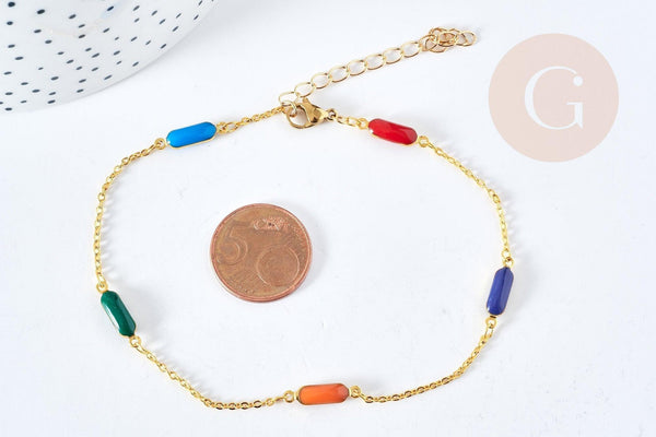 Bracelet chaine de cheville géométrique laiton doré émaillé multicolore 23.7mm, x1 (G8795)