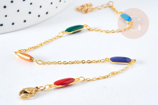 Bracelet chaine de cheville géométrique laiton doré émaillé multicolore 23.7mm, x1 (G8795)