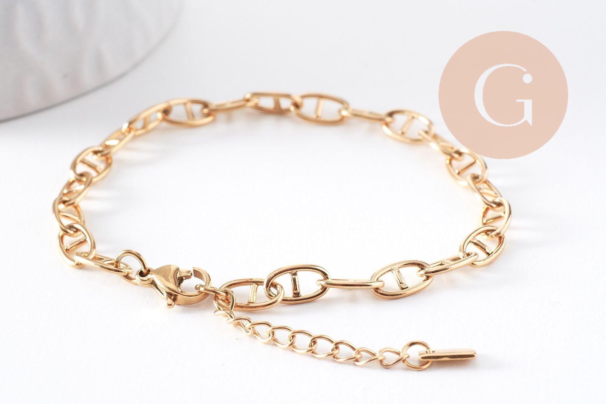 Bracelet chaine maille marine acier 304 inoxydable doré IP 14k 16.7cm, x1 (G10348)