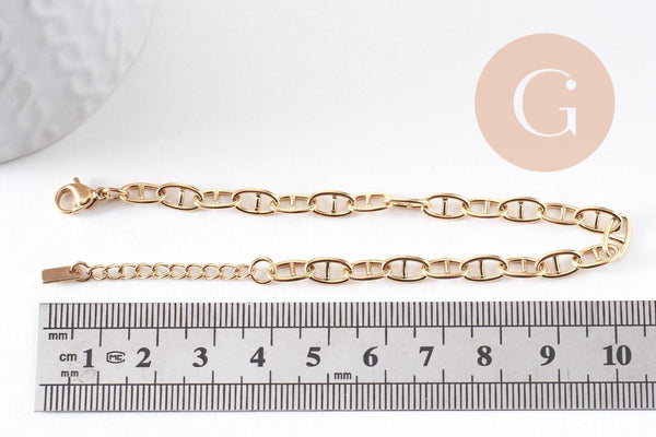 Bracelet chaine maille marine acier 304 inoxydable doré IP 14k 16.7cm, x1 (G10348)