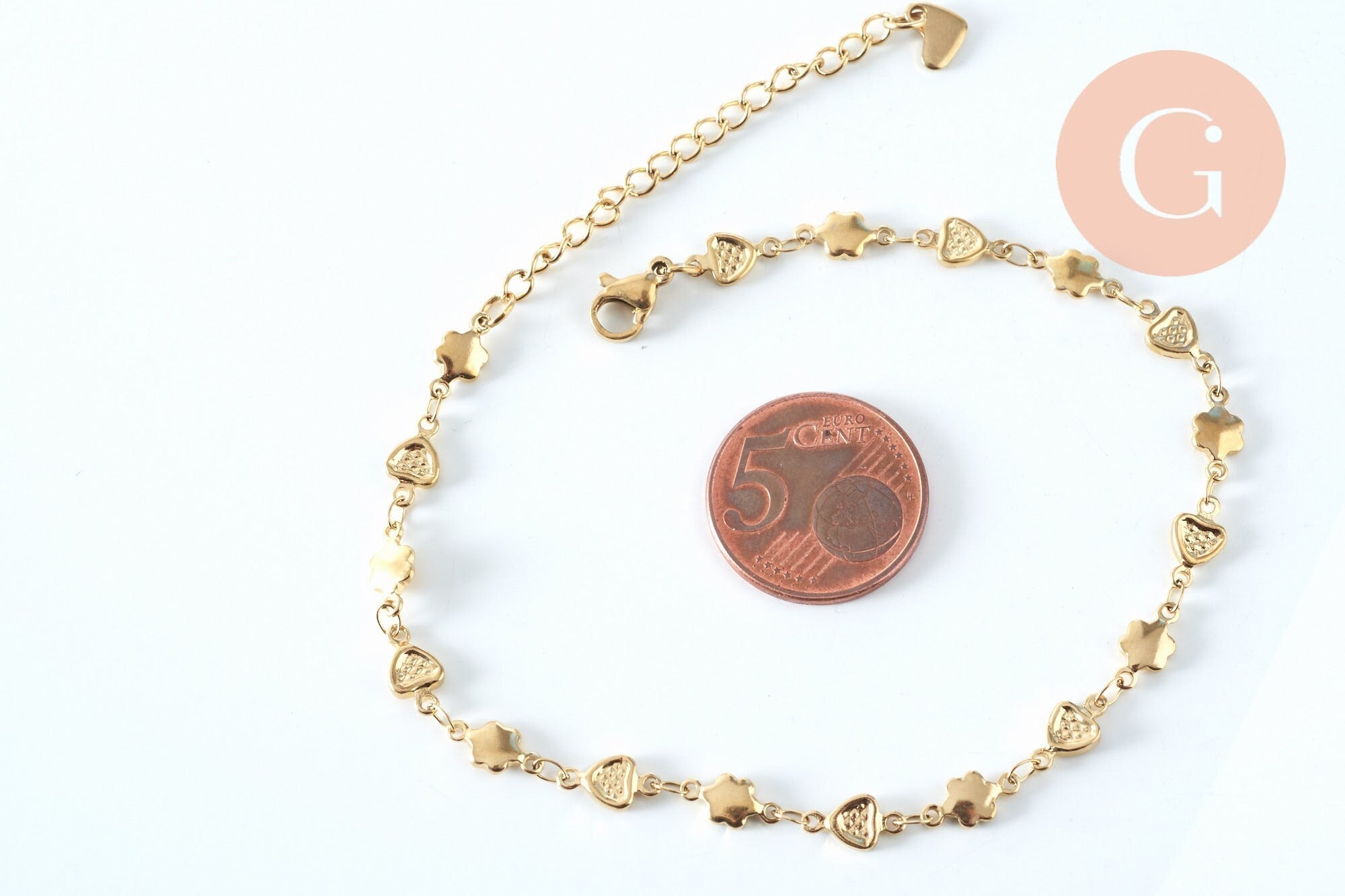 Bracelet cœur & fleur réglable acier doré 14k, 21cm, x1 (G6233)