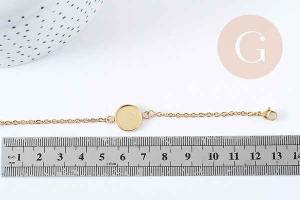 Bracelet complet cabochon rond 12mm acier 304 inoxydable doré 15.9cm x1 (G8885)