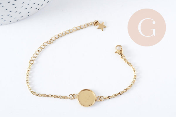 Bracelet complet cabochon rond 12mm acier 304 inoxydable doré 15.9cm x1 (G8885)