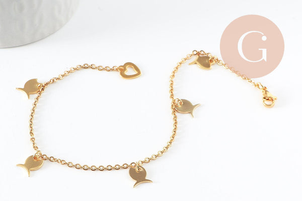 Bracelet de cheville croix coeurs acier inoxydable 304 doré 27-37cm, x1 (G7110)