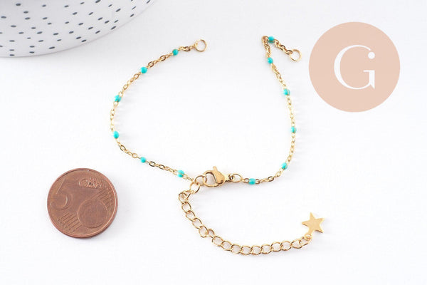 Bracelet fin acier 304 inoxydable doré 14k résine avec anneaux maille forçat 16.5mm, x1 (G10239)