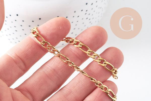 Bracelet grosse maille figaro gourmette acier doré 14k 20cm, x1 (G4448)