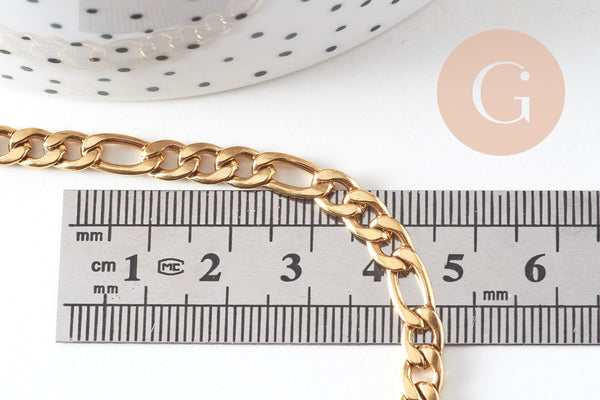 Bracelet grosse maille figaro gourmette acier doré 14k 20cm, x1 (G4448)