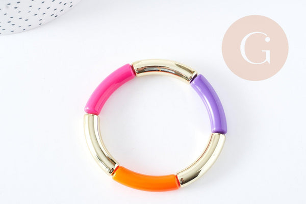 Bracelet jonc élastiqué résine violet rose orange doré 52mm, x1 (G8832)