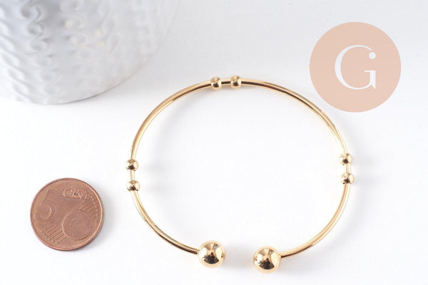 Bracelet jonc ouvert finition boule 2mm acier 304 inoxydable doré 53~60mm, x1 (G10310)