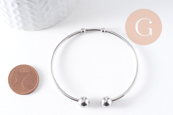 Bracelet jonc ouvert finition boule 4mm acier 304 inoxydable platine 50~65mm, x1 (G10314)