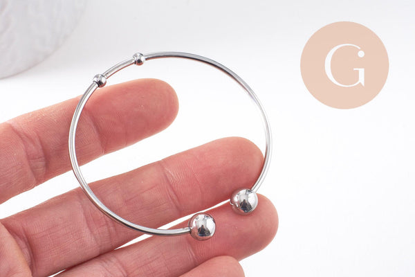 Bracelet jonc ouvert finition boule 4mm acier 304 inoxydable platine 50~65mm, x1 (G10314)