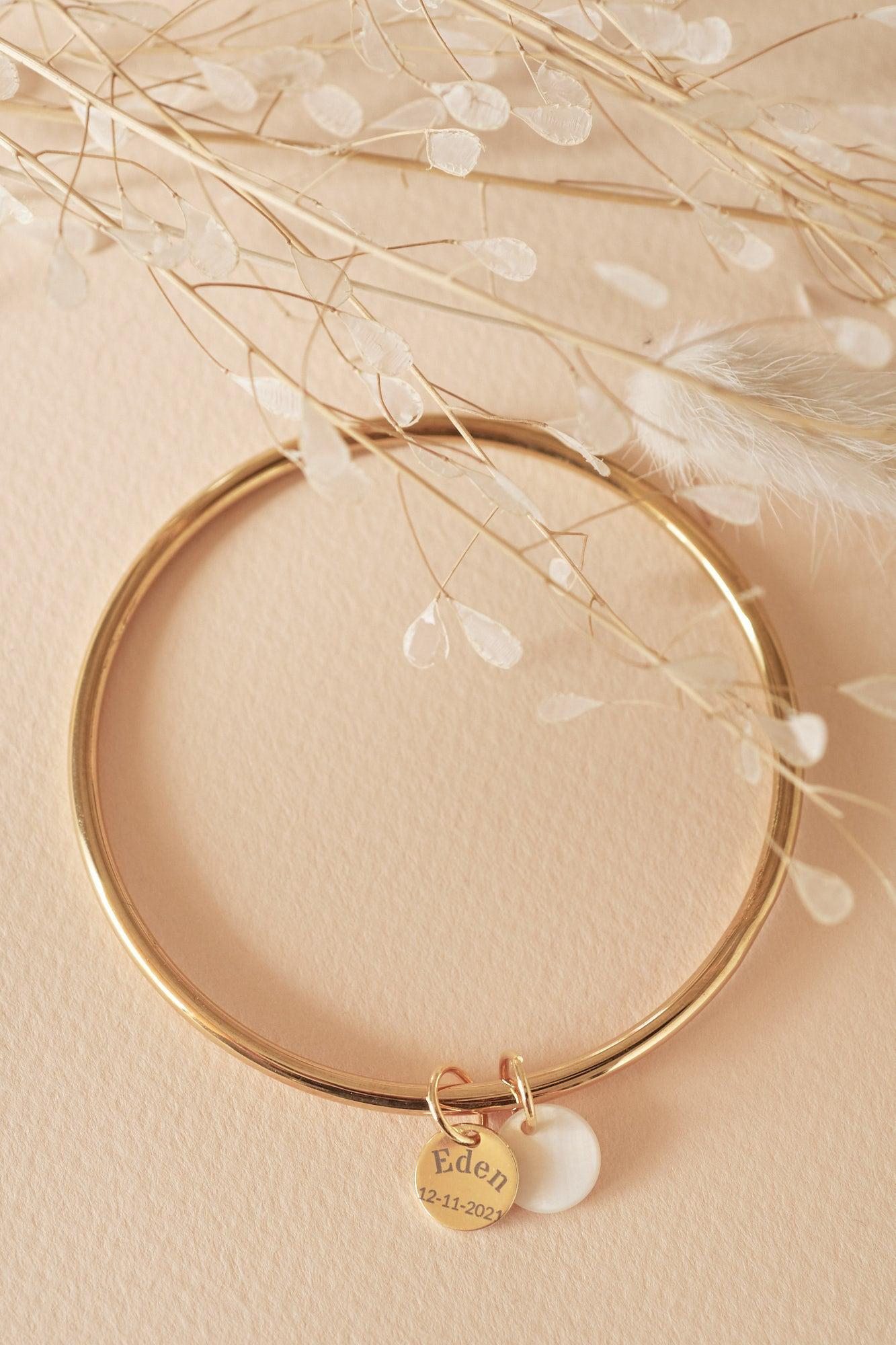 Bracelet jonc texturé à personnaliser Acier Inoxydable 304 avec Médaille étoile & nacre, x1 (ADN7)
