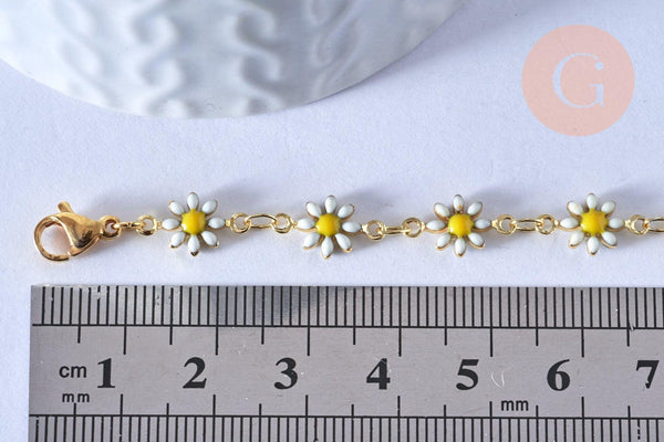Bracelet laiton et marguerite émaillée, bracelet doré reglable, laiton doré,sans nickel,18.9cm, x1 G4855