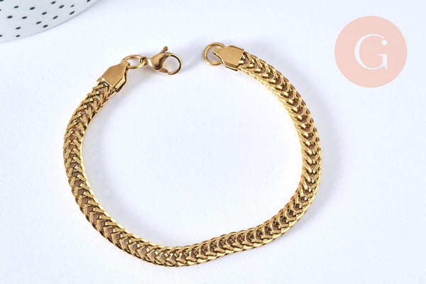 Bracelet maille américaine acier doré inoxydable 304,, sans nickel, 21cm, x1 (G6966)