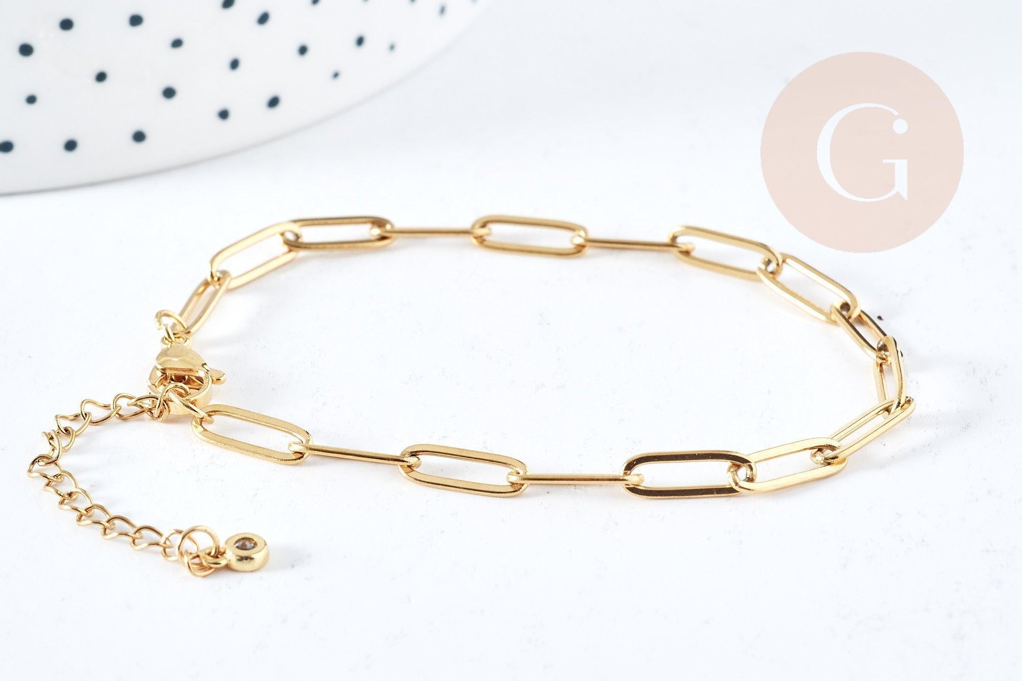 Bracelet maille rectangle trombone acier inoxydable 304 doré 14k 19cm, x1 (G8715)