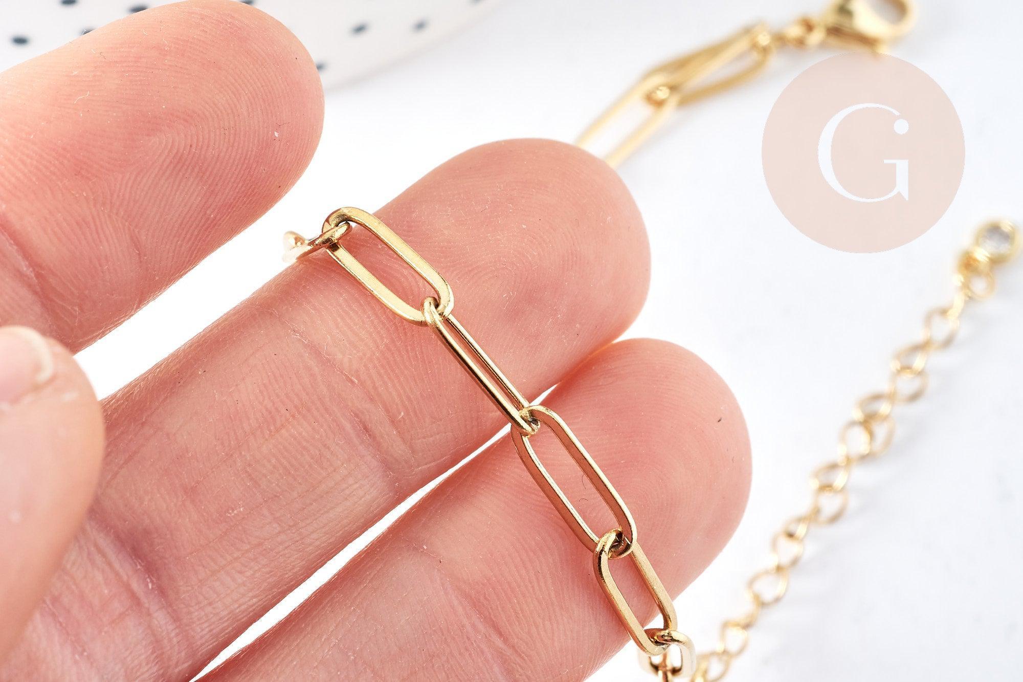 Bracelet maille rectangle trombone acier inoxydable 304 doré 14k 19cm, x1 (G8715)