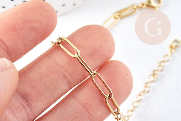 Bracelet maille rectangle trombone acier inoxydable 304 doré 14k 19cm, x1 (G8715)