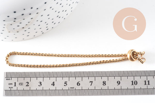 Bracelet maille rollo réglable fermoir coulissant acier inoxydable 304 doré 14k 24cm, x1 (G0188)