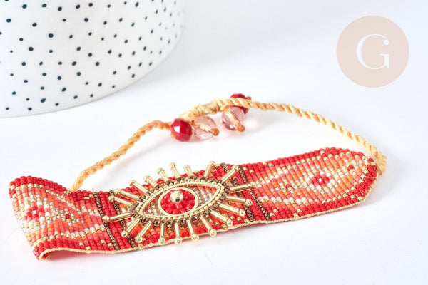 Bracelet manchette Réglable oeil protecteur cordon nylon perles rocailles tissées rouge 28cm, bijou chance à offrir, bracelet amitié, x1 (G7635)
