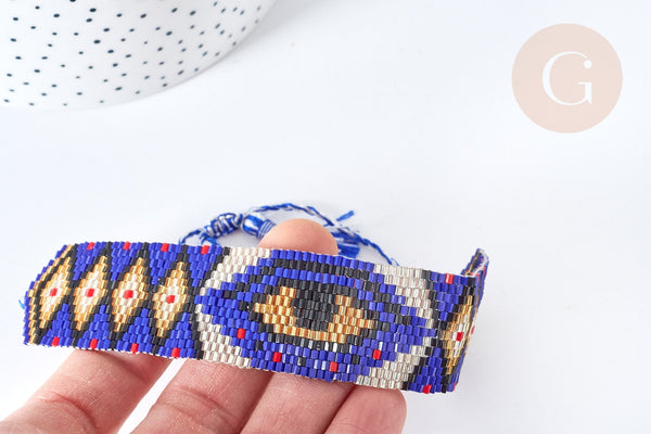 Bracelet manchette Réglable oeil protecteur perles rocailles tissées bleu 28cm, x1 (G7684)