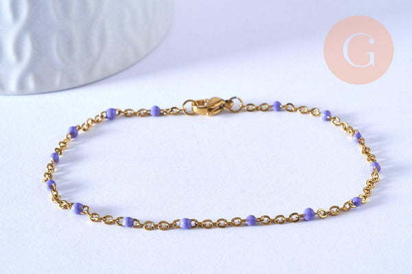 Bracelet ou collier acier doré 14k résine lilas 1.5mm-20.5cm, x1 (G3598)