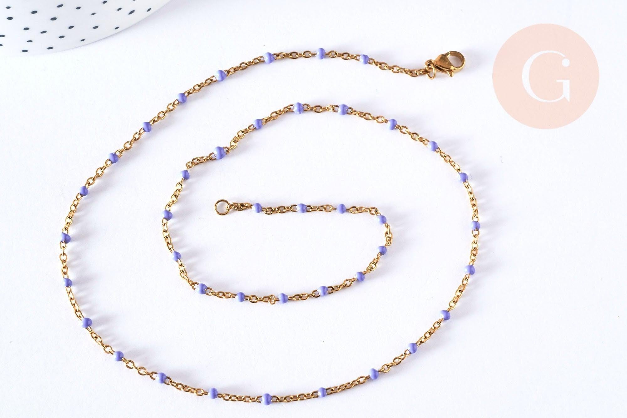 Bracelet ou collier acier doré 14k résine lilas 1.5mm-20.5cm, x1 (G3598)