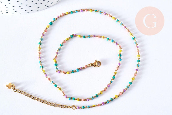 Bracelet ou collier acier doré 14k résine multicolore,chaine dorée, bracelet chaîne fine,2-3mm,19cm, x1 G3774