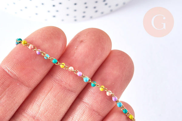 Bracelet ou collier acier doré 14k résine multicolore,chaine dorée, bracelet chaîne fine,2-3mm,19cm, x1 G3774
