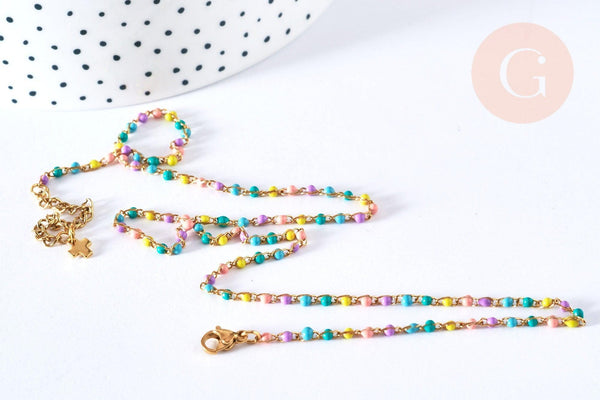 Bracelet ou collier acier doré 14k résine multicolore,chaine dorée, bracelet chaîne fine,2-3mm,19cm, x1 G3774