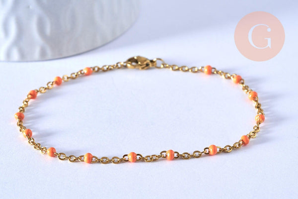 Bracelet ou collier acier doré 14k résine orange 1.5mm-20.5cm, x1 (G3709)