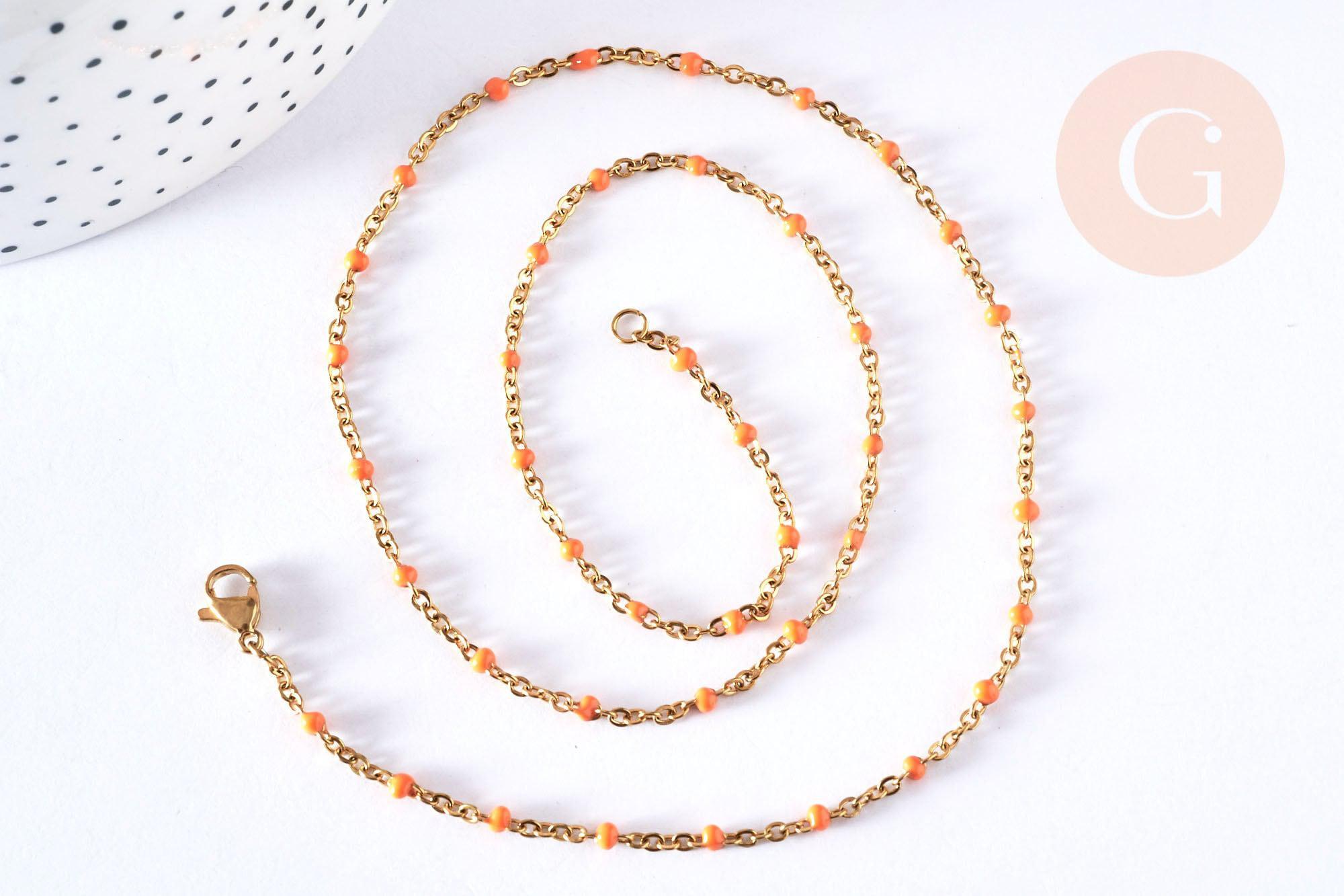 Bracelet ou collier acier doré 14k résine orange 1.5mm-20.5cm, x1 (G3709)