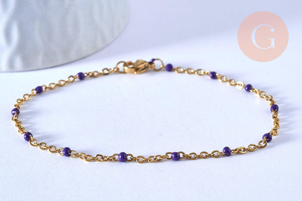 Bracelet ou collier acier doré 14k résine violet 1.5mm-20.5cm, x1 (G3601)