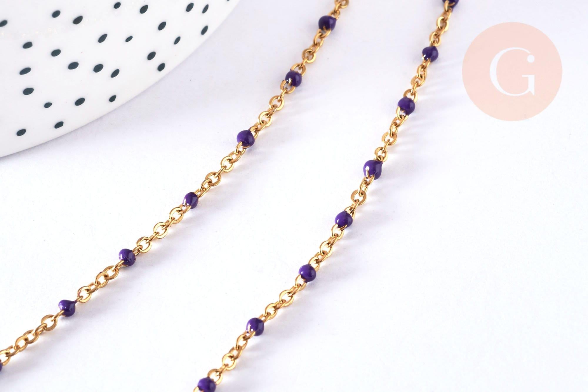 Bracelet ou collier acier doré 14k résine violet 1.5mm-20.5cm, x1 (G3601)