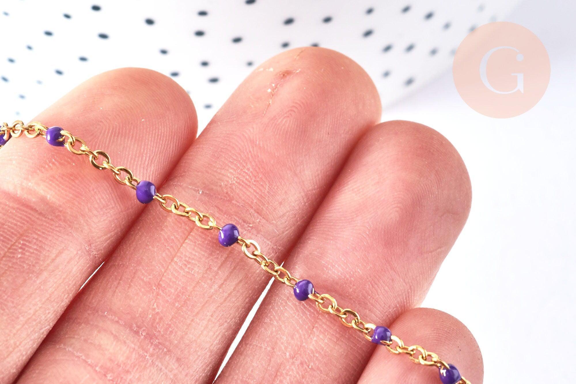 Bracelet ou collier acier doré 14k résine violet 1.5mm-20.5cm, x1 (G3601)