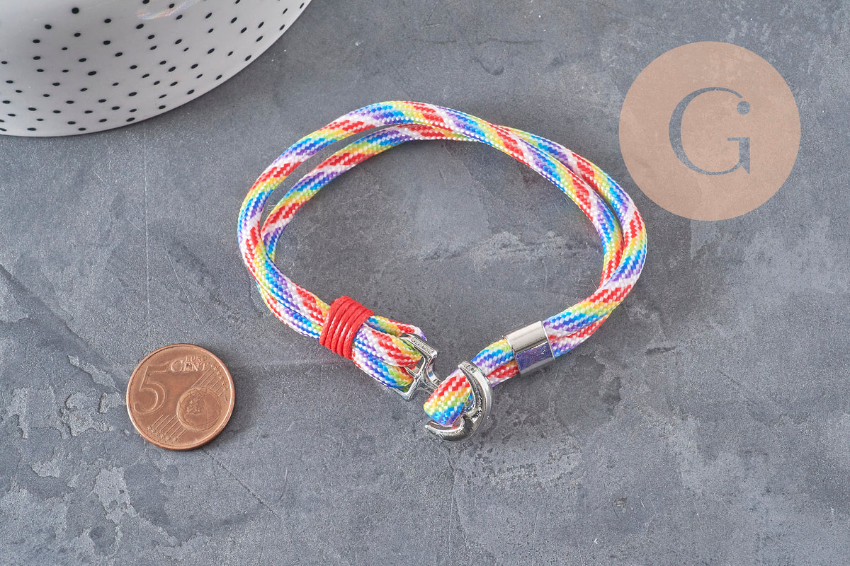 Bracelet réglable cordon polyester ancre zamac platine 21.5cm, x1 (G11324)