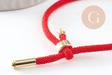 Bracelet réglable cordon polyester rouge acier 304 platine 23-25cm, x1 (G9573)