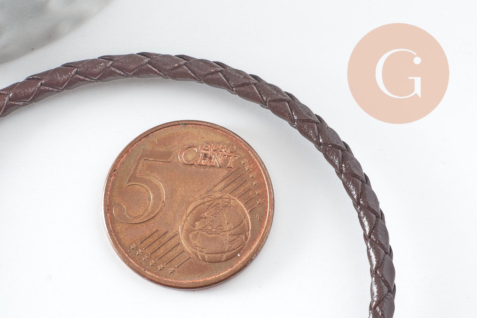 Bracelet réglable cuir cacao acier platine 304 inoxydable 3mm-21.5cm, bracelet unisexe acier inoxydable, x 1 (G9574)