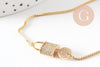 Bracelet réglable laiton doré 14k cadenas et clef zircon, bracelet laiton or, sans nickel, bracelet zircon doré,26cm, x1 (G2572)