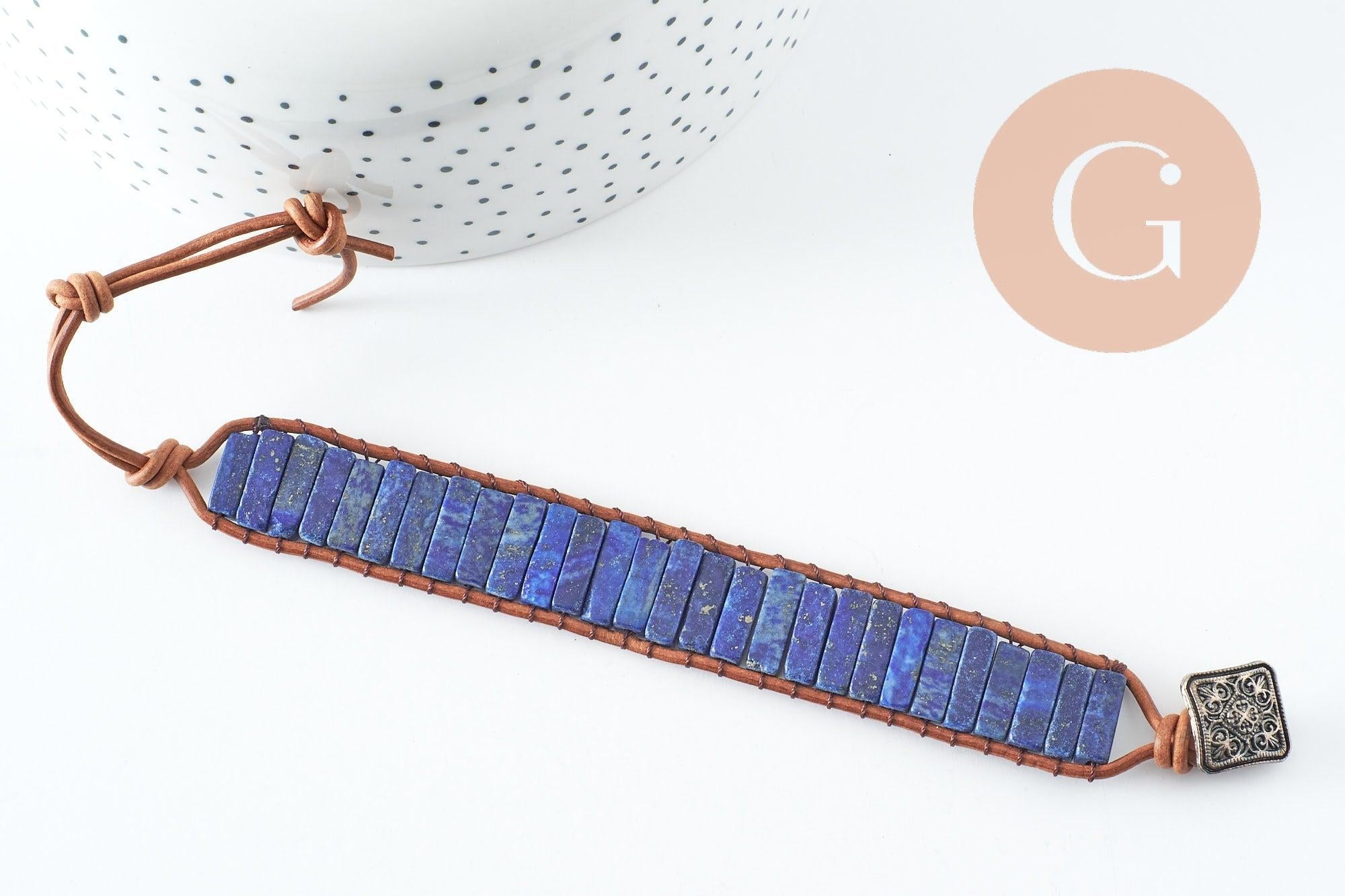 Bracelet réglable lapis lazulis naturel cuir 23-28cm, bracelet pierre naturelle energie positive, bracelet lithothérapie, x1 (G9976)
