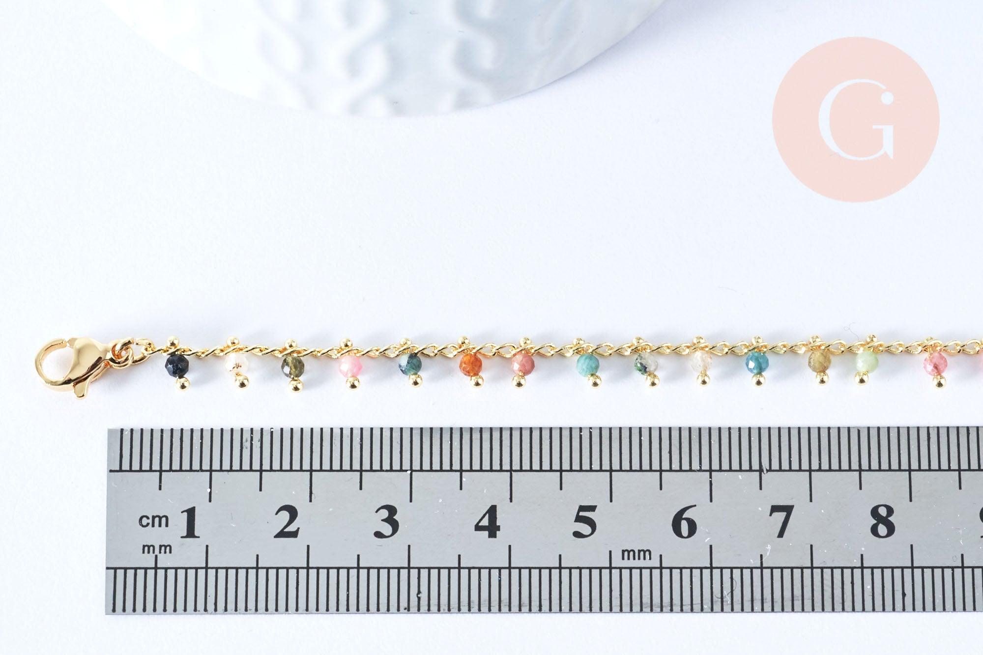 Bracelet réglable perles tourmaline laiton doré 19cm, x1 (G6978)