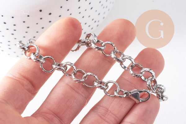 Bracelet très grosse maille rolo acier inoxydable platine texturé 20.3cm, x1 (G10313)