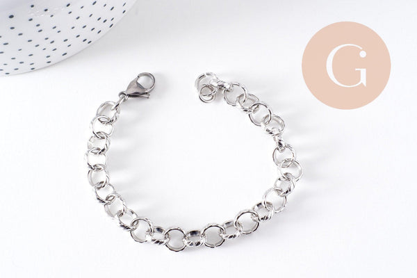 Bracelet très grosse maille rolo acier inoxydable platine texturé 20.3cm, x1 (G10313)