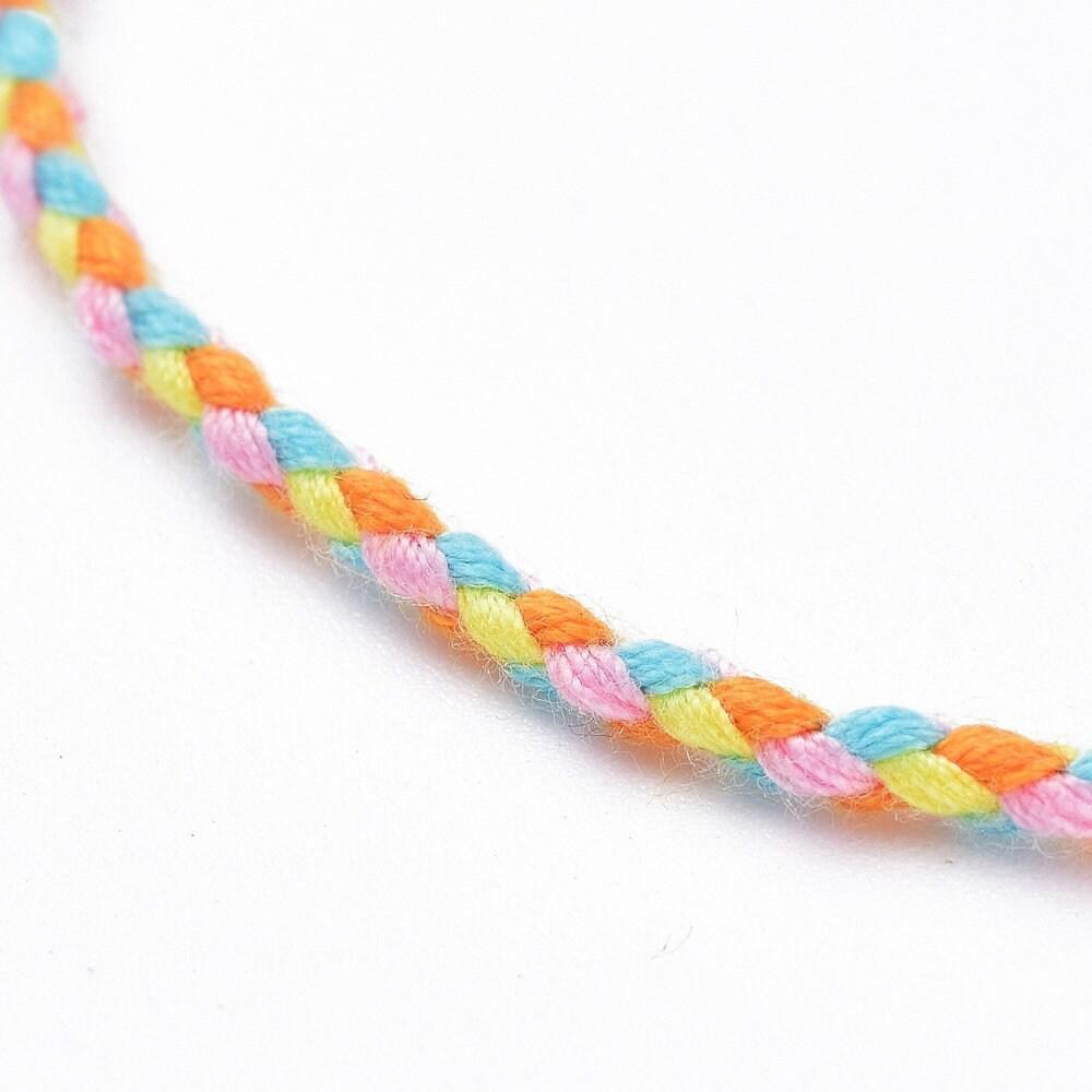 Bracelet tressé coton jaune bleu acier doré 14k 20.5cm, x1 (G6221)