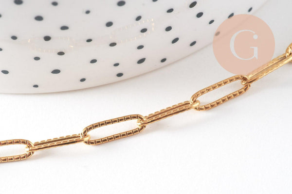 Bracelet trombone striée acier doré 14k inoxydable, fermoir en T, sans nickel, 20.9cm, x1 (G5805)